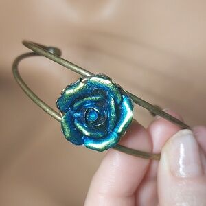 Iridescent Blue Green Rose Cuff Bracelet Boho Floral